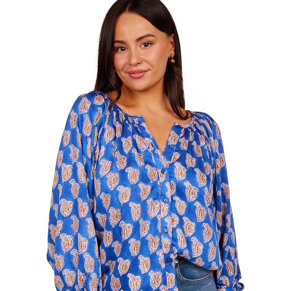 Emerson Fry Frances Blouse - Blue Paisley Flower Satin